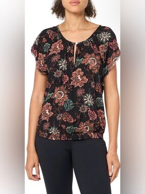 Carve Designs Black Floral Scoop Neck Blouse with Rust & Green Motifs